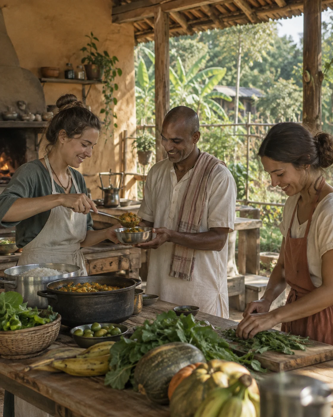 Escena conceptual de una comunidad preparando una comida vegetariana