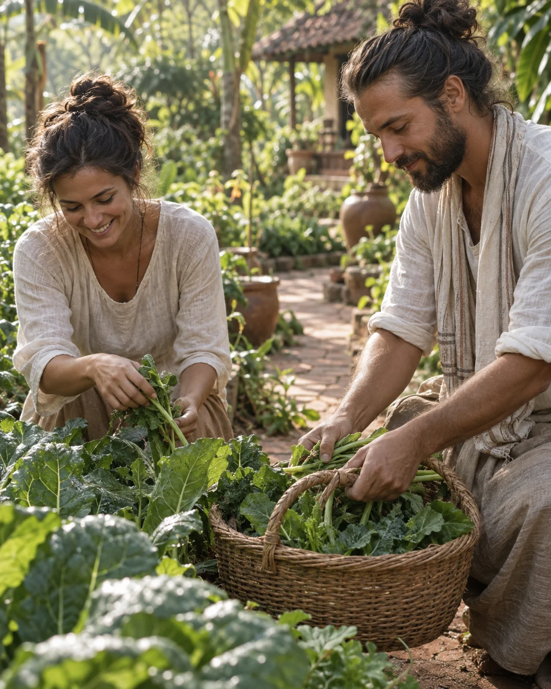 Escena conceptual de dos personas cosechando verduras en una huerta