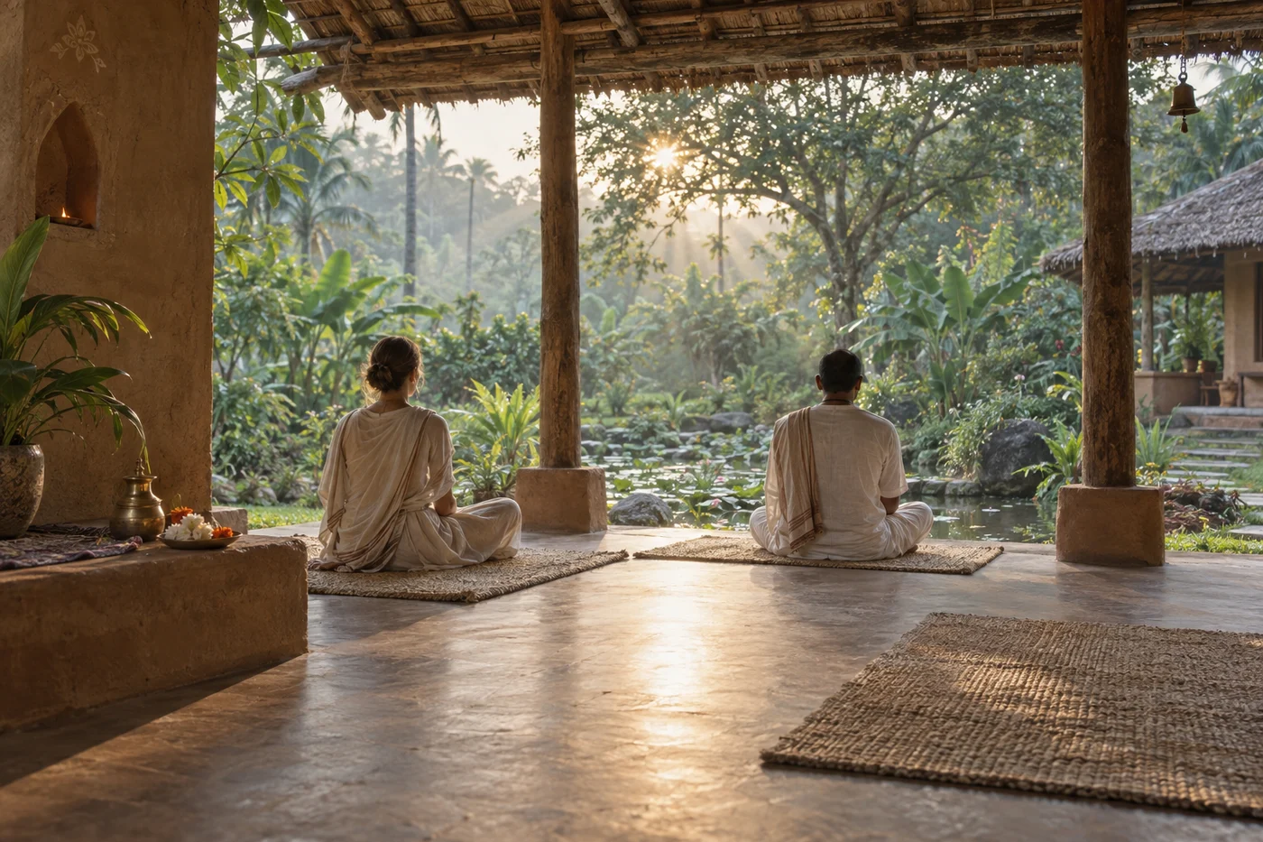 Escena conceptual de meditación en un pabellón abierto al jardín